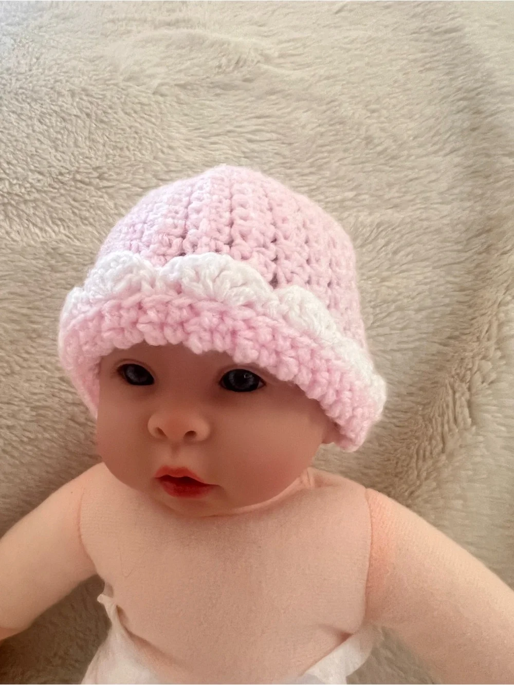Baby Pink Crochet One-Piece Bodysuit with White Scalloped Trim
